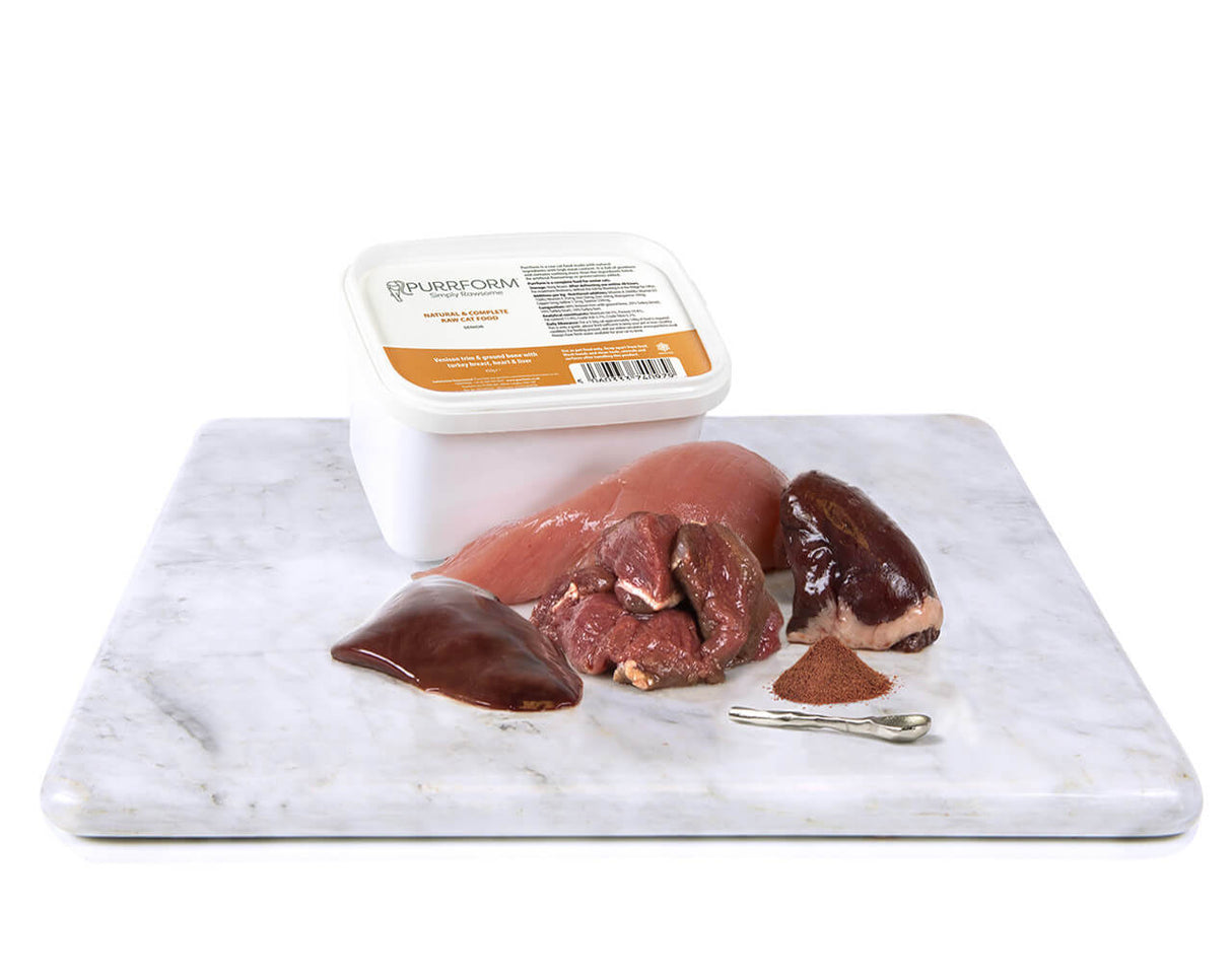 Purrform Venison trim & ground bone with turkey breast, heart and liver - SENIOR 450g